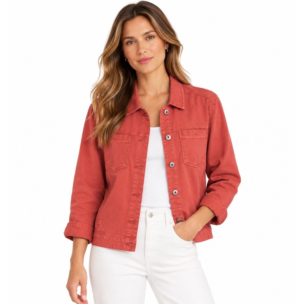 J. Jill Denim Jacket Womens Large Light Sunset Coral Button Front 315711 NWT